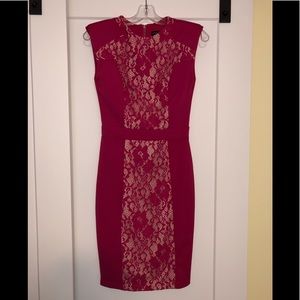 Fuchsia dress with lace front panel.
